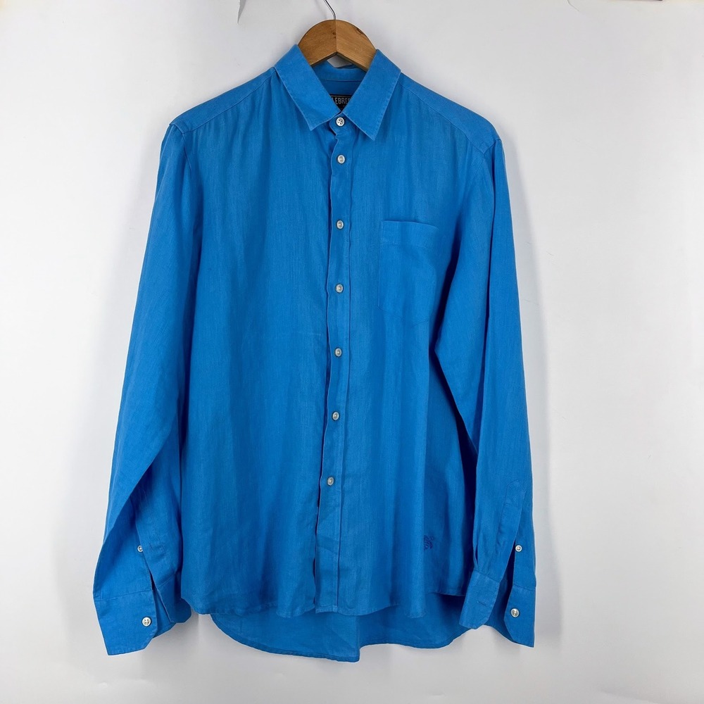 Vilebrequin Mens Linen Long Sleeve Button Down Shirt Cyan Blue Turtle Logo L